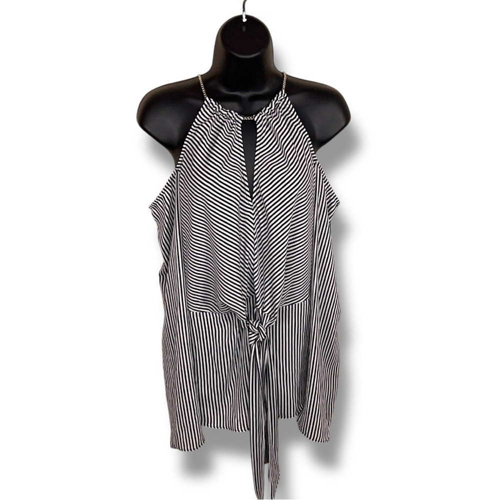 Medium Bold Elements Black White Striped Blouse Cutout Sleeve Silver Chain